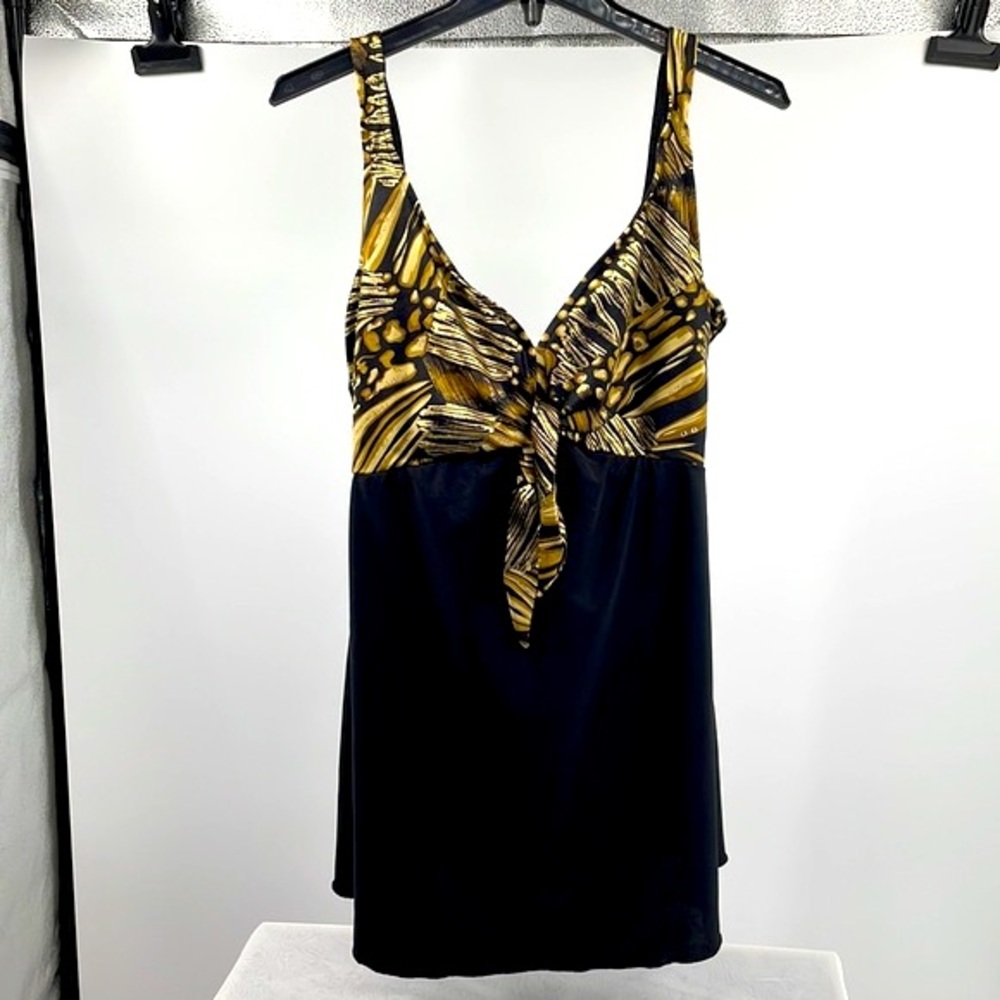 Vintage 90’s Carol Wior Black & Gold Abstract One Piece Swimsuit Size Large